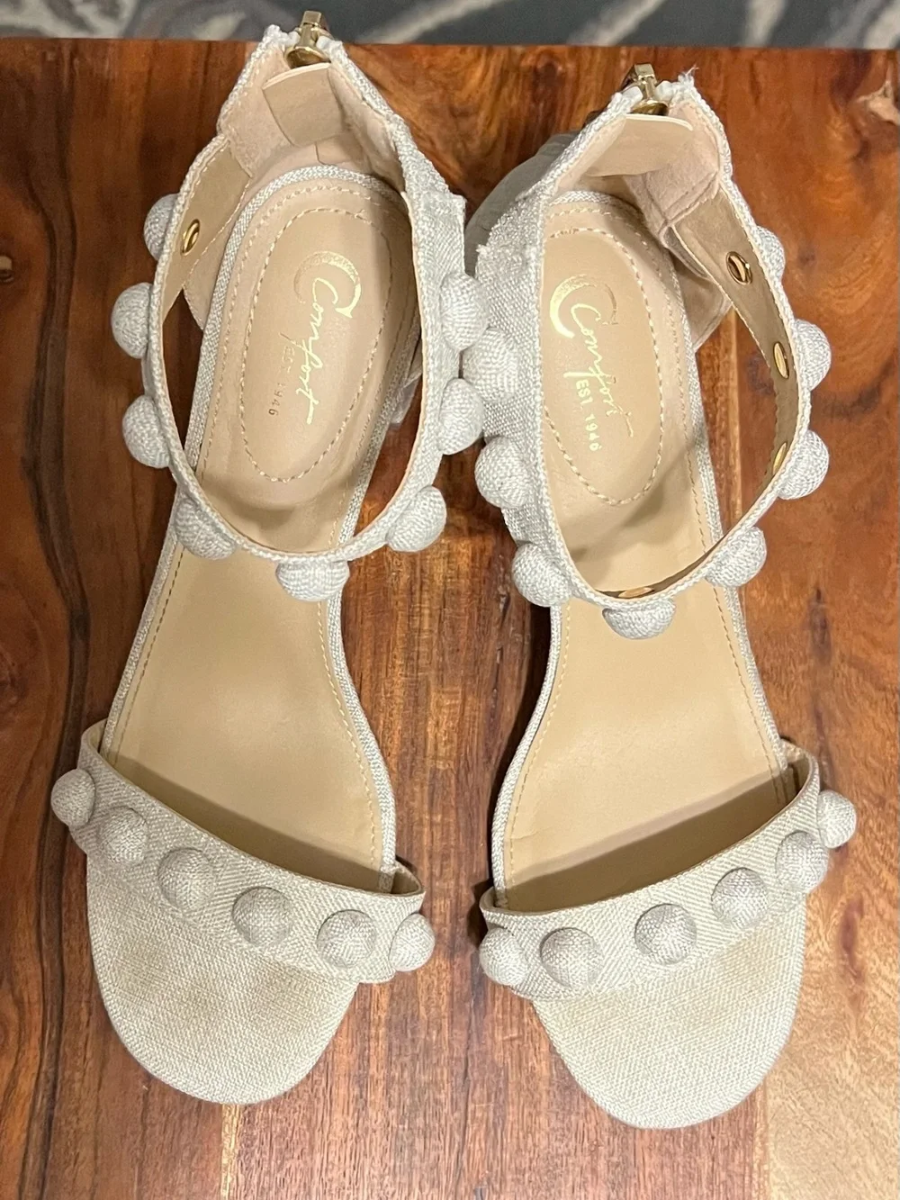 Cato Comfort Linen Pom Pom Block Heel Sandals Women’s 8W Wide